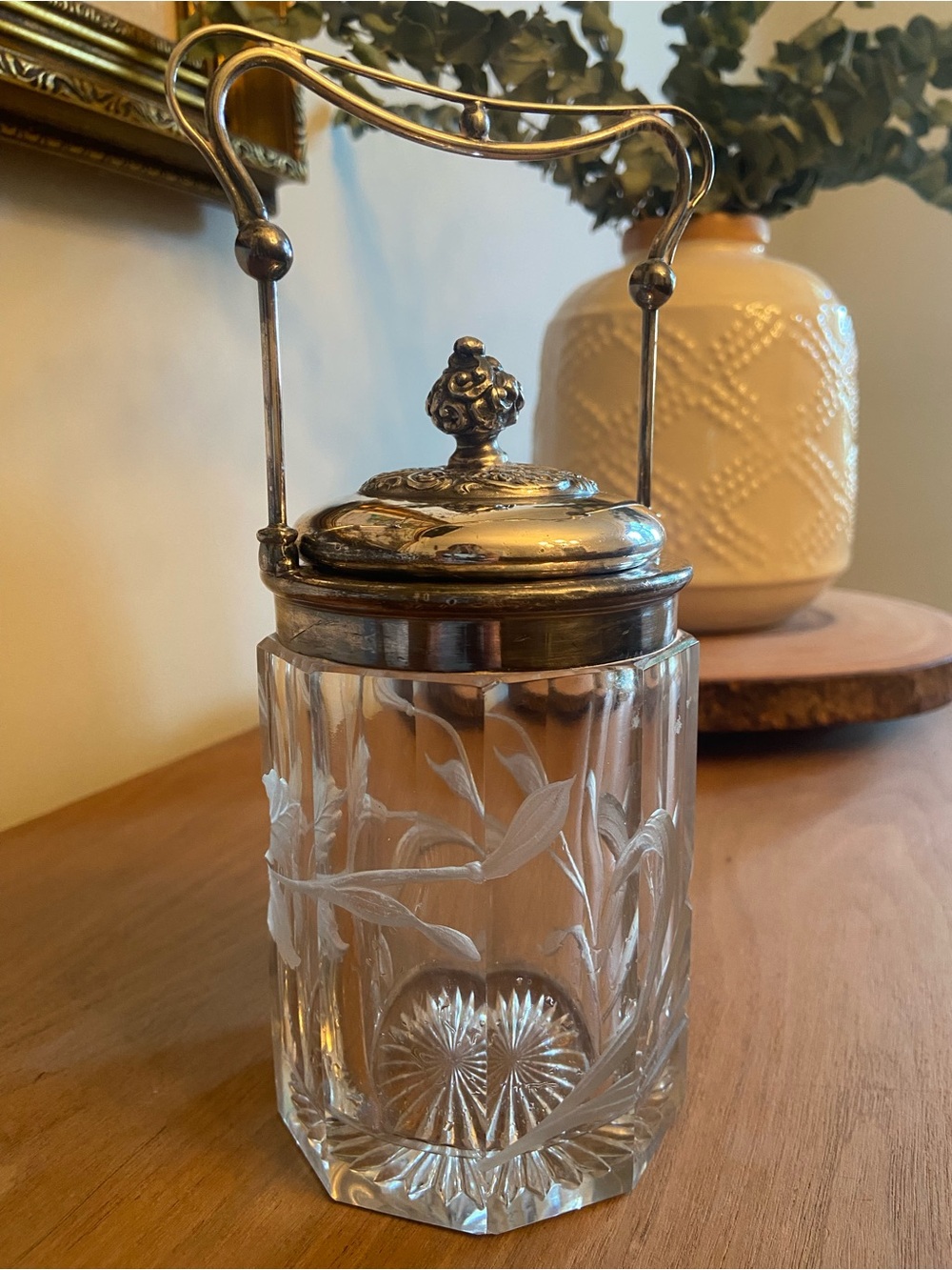 Etched Glass Biscuit Jar/Pickle Cruet- Silver Handle and Etched Crystal